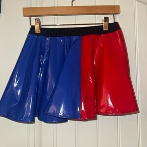 Harley Quinn Blue and Red Asymmetrical Mini Skater Skirt